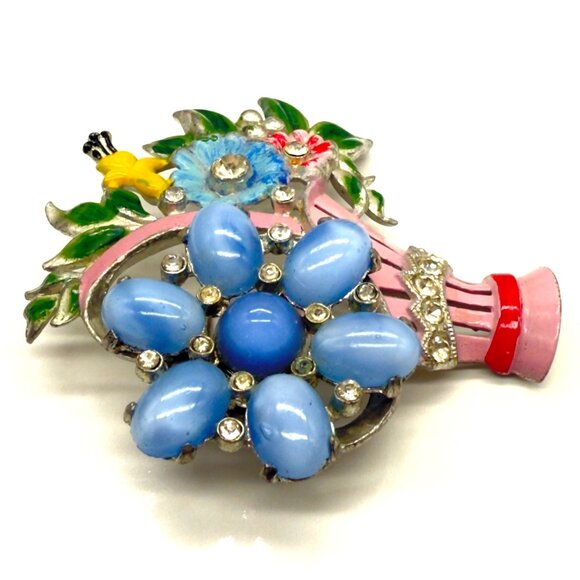 Vintage 1940's CORO Blue Glass Cabochons Enamel Rhinestone Flower Basket Brooch - Picture 6 of 10